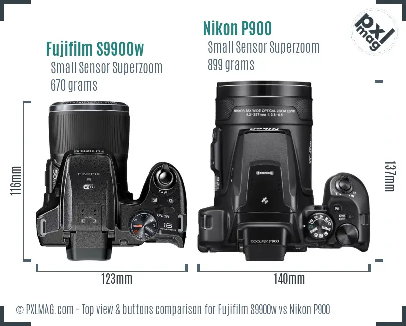 Fujifilm S9900w vs Nikon P900 top view buttons comparison Fujifilm S9900w vs Nikon P900 top view buttons comparison