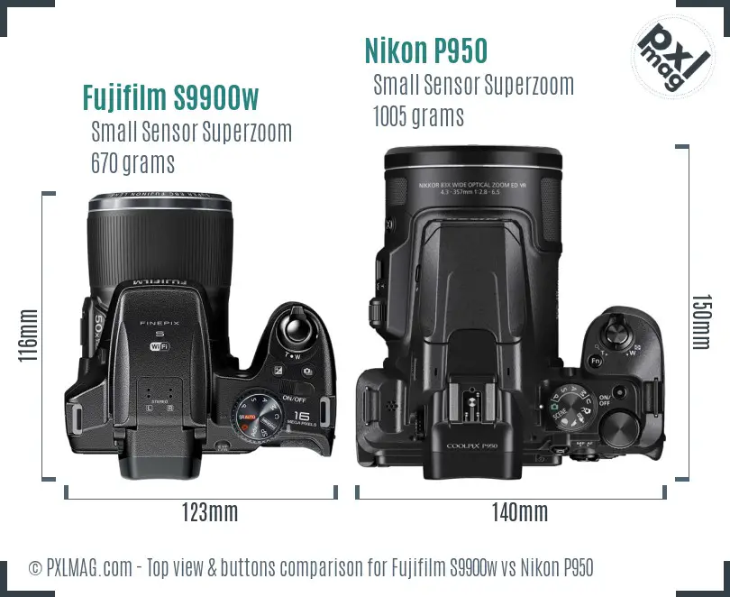 Fujifilm S9900w vs Nikon P950 top view buttons comparison