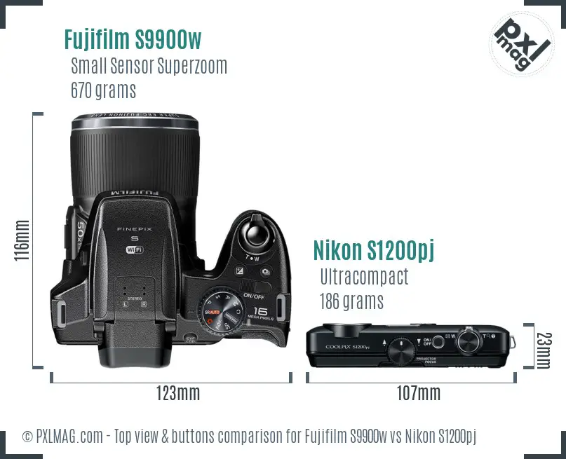 Fujifilm S9900w vs Nikon S1200pj top view buttons comparison