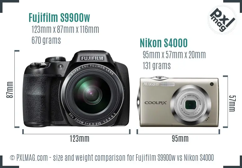 Fujifilm S9900w vs Nikon S4000 size comparison