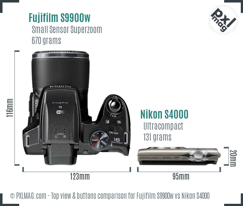 Fujifilm S9900w vs Nikon S4000 top view buttons comparison