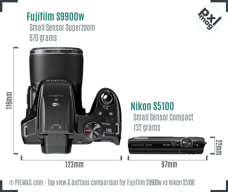 Fujifilm S9900w vs Nikon S5100 top view buttons comparison