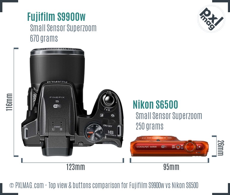 Fujifilm S9900w vs Nikon S6500 top view buttons comparison
