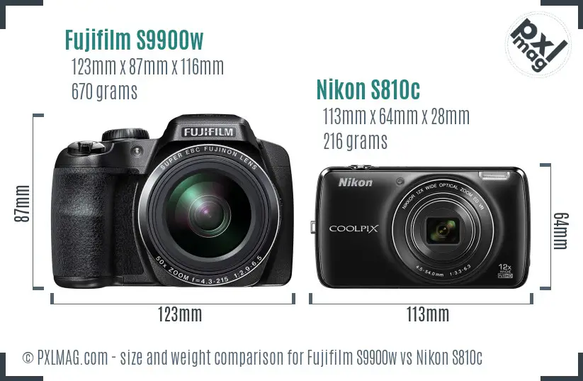 Fujifilm S9900w vs Nikon S810c size comparison