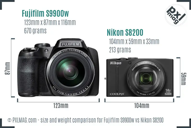 Fujifilm S9900w vs Nikon S8200 size comparison