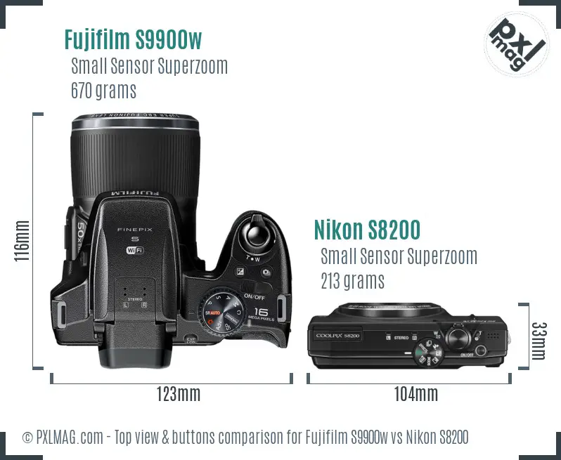 Fujifilm S9900w vs Nikon S8200 top view buttons comparison