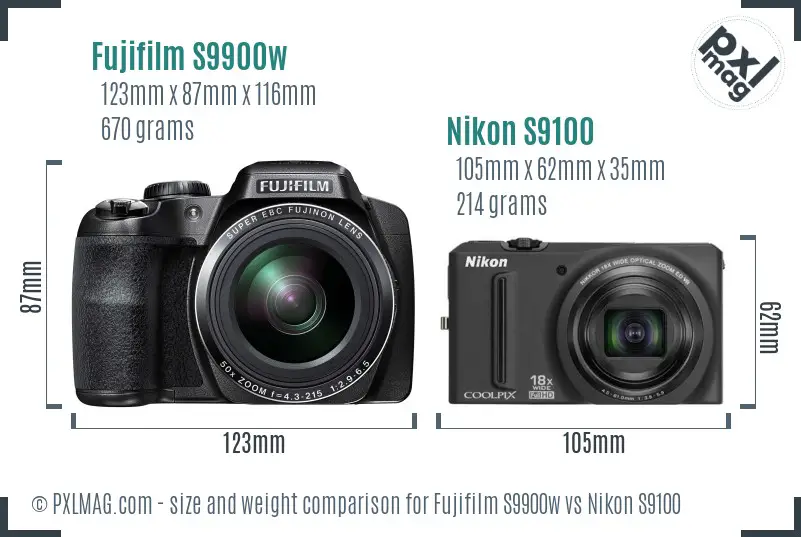 Fujifilm S9900w vs Nikon S9100 size comparison