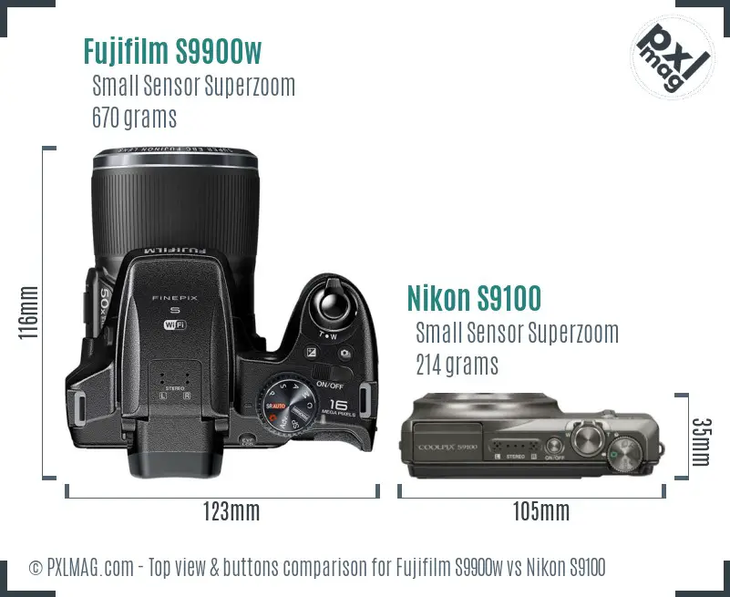 Fujifilm S9900w vs Nikon S9100 top view buttons comparison