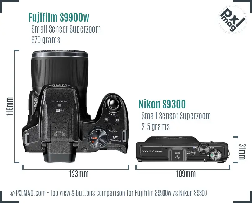 Fujifilm S9900w vs Nikon S9300 top view buttons comparison Fujifilm S9900w vs Nikon S9300 top view buttons comparison