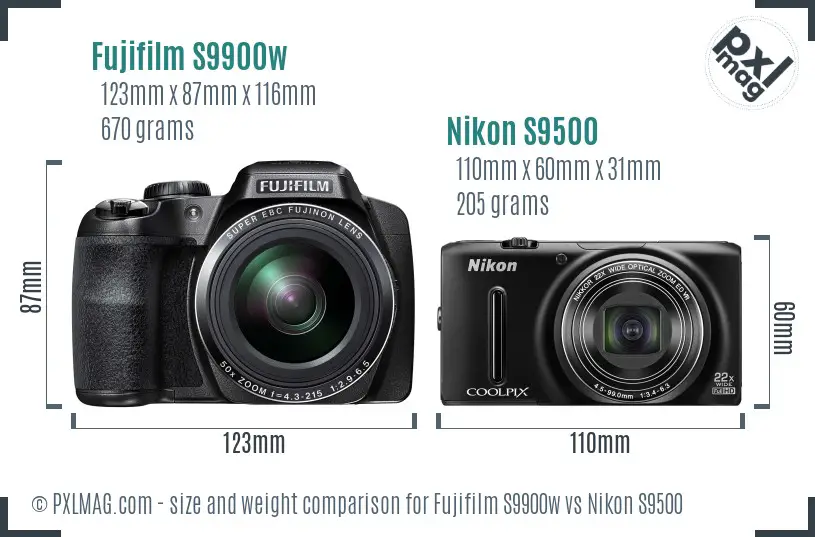 Fujifilm S9900w vs Nikon S9500 size comparison