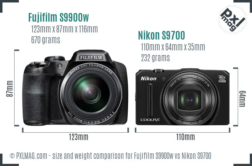 Fujifilm S9900w vs Nikon S9700 size comparison