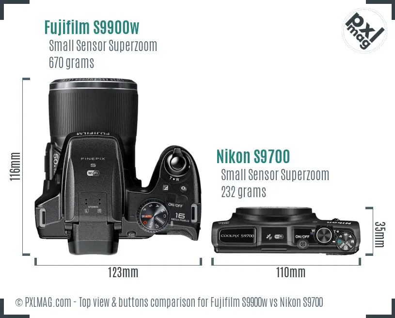 Fujifilm S9900w vs Nikon S9700 top view buttons comparison