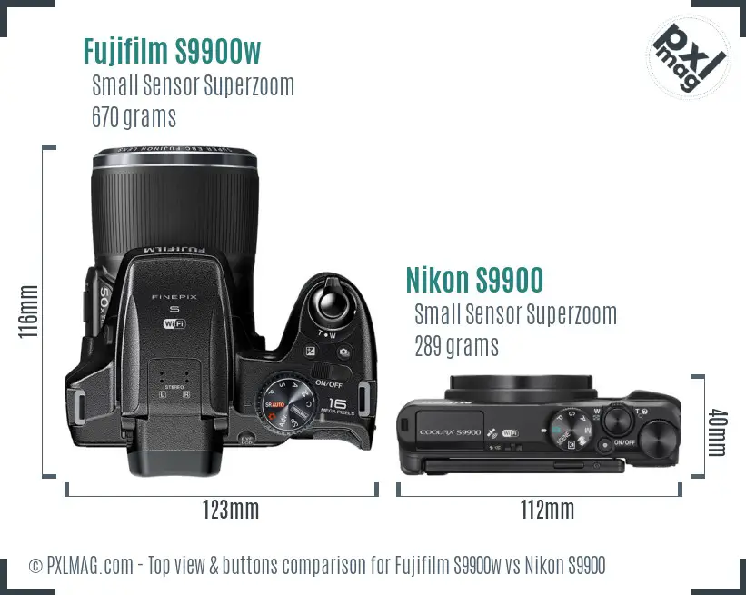 Fujifilm S9900w vs Nikon S9900 top view buttons comparison