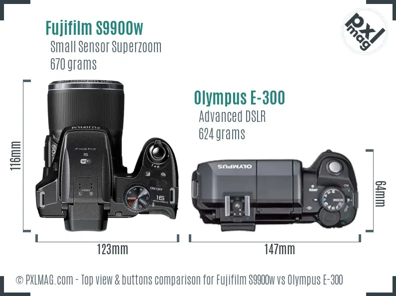 Fujifilm S9900w vs Olympus E-300 top view buttons comparison
