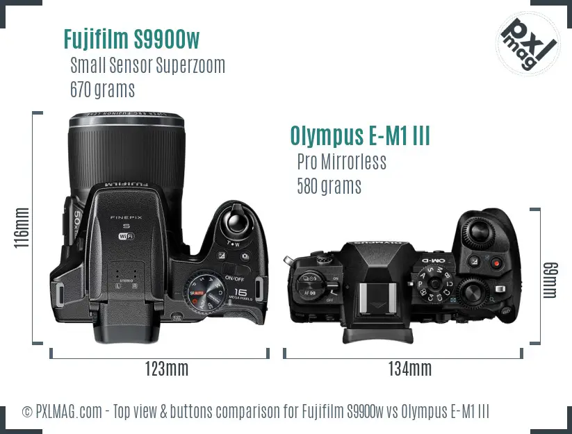 Fujifilm S9900w vs Olympus E-M1 III top view buttons comparison