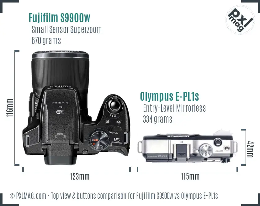 Fujifilm S9900w vs Olympus E-PL1s top view buttons comparison