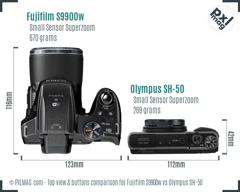 Fujifilm S9900w vs Olympus SH-50 top view buttons comparison Fujifilm S9900w vs Olympus SH-50 top view buttons comparison