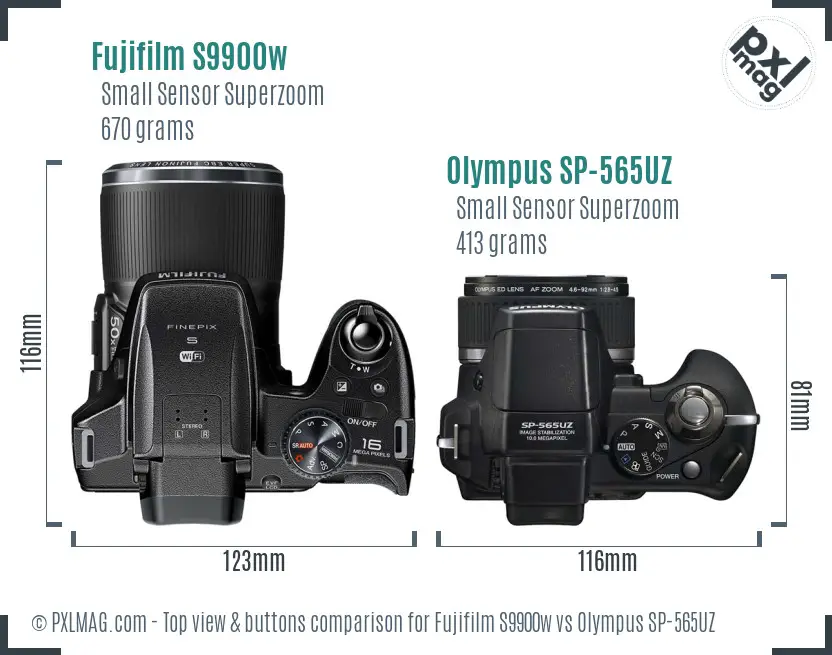 Fujifilm S9900w vs Olympus SP-565UZ top view buttons comparison Fujifilm S9900w vs Olympus SP-565UZ top view buttons comparison