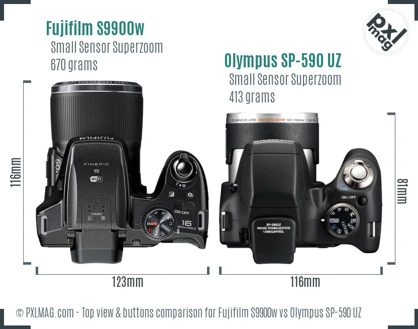 Fujifilm S9900w vs Olympus SP-590 UZ top view buttons comparison
