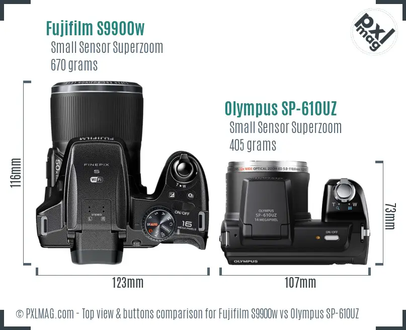 Fujifilm S9900w vs Olympus SP-610UZ top view buttons comparison
