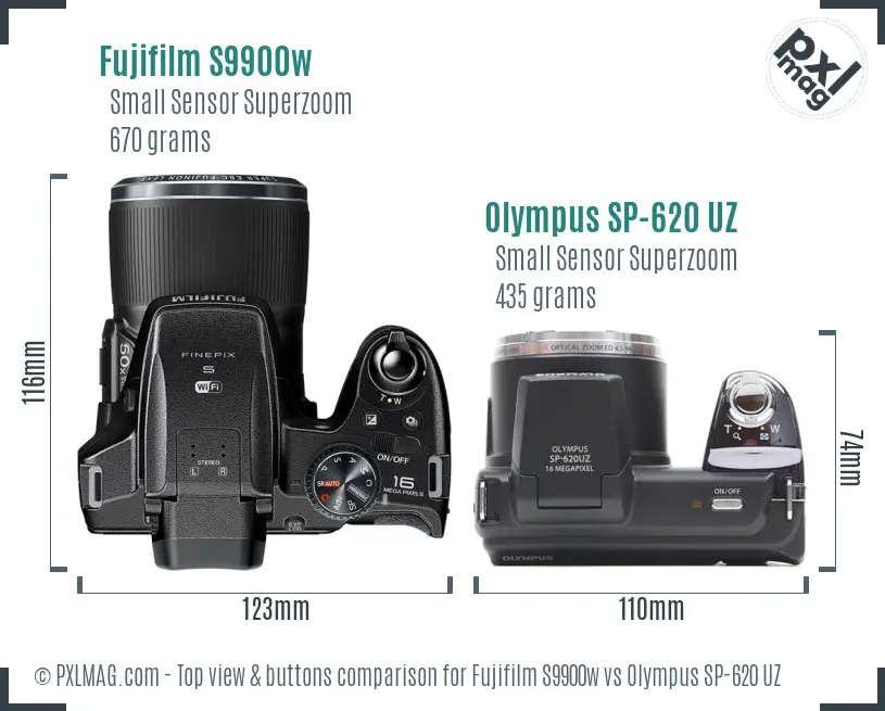 Fujifilm S9900w vs Olympus SP-620 UZ top view buttons comparison