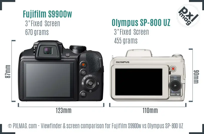 Fujifilm S9900w vs Olympus SP-800 UZ Screen and Viewfinder comparison