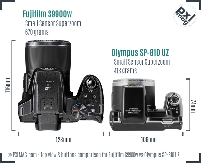 Fujifilm S9900w vs Olympus SP-810 UZ top view buttons comparison