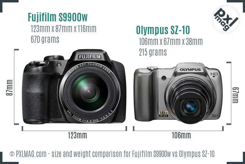 Fujifilm S9900w vs Olympus SZ-10 size comparison