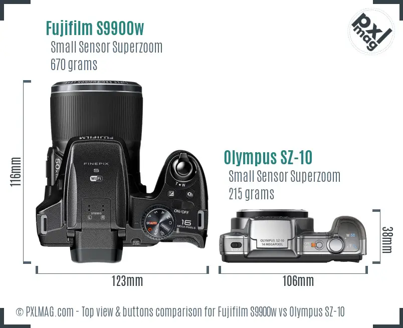 Fujifilm S9900w vs Olympus SZ-10 top view buttons comparison