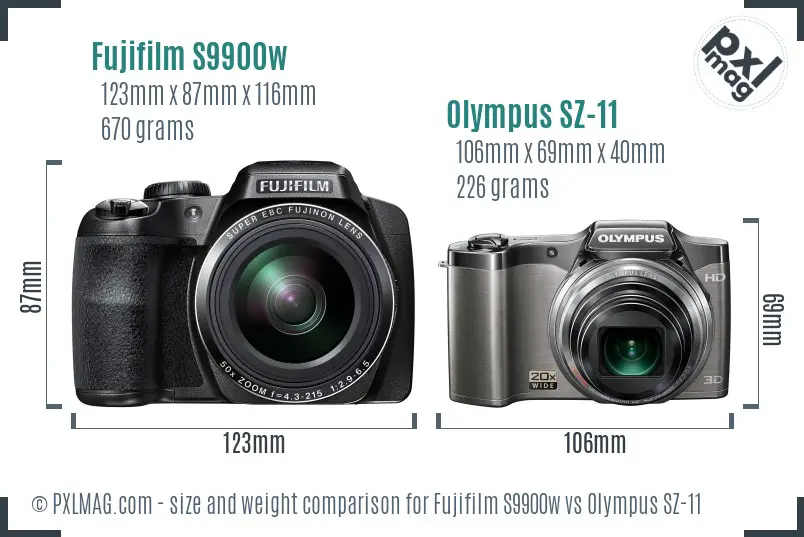 Fujifilm S9900w vs Olympus SZ-11 size comparison