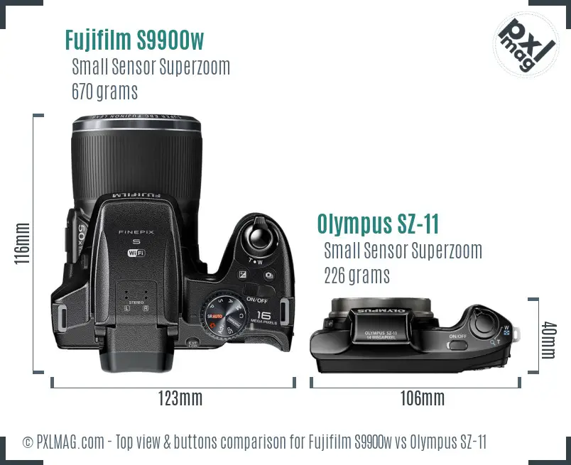 Fujifilm S9900w vs Olympus SZ-11 top view buttons comparison
