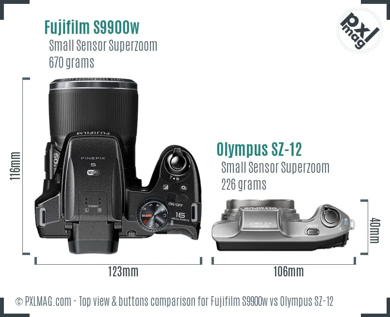 Fujifilm S9900w vs Olympus SZ-12 top view buttons comparison Fujifilm S9900w vs Olympus SZ-12 top view buttons comparison