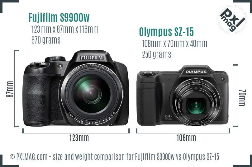 Fujifilm S9900w vs Olympus SZ-15 size comparison