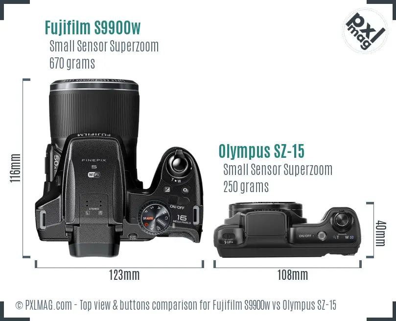 Fujifilm S9900w vs Olympus SZ-15 top view buttons comparison