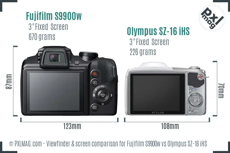 Fujifilm S9900w vs Olympus SZ-16 iHS Screen and Viewfinder comparison