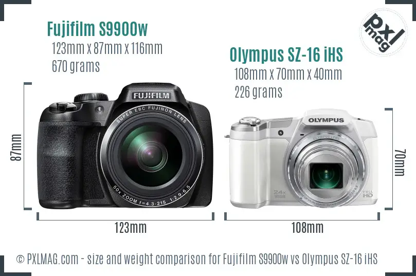 Fujifilm S9900w vs Olympus SZ-16 iHS size comparison