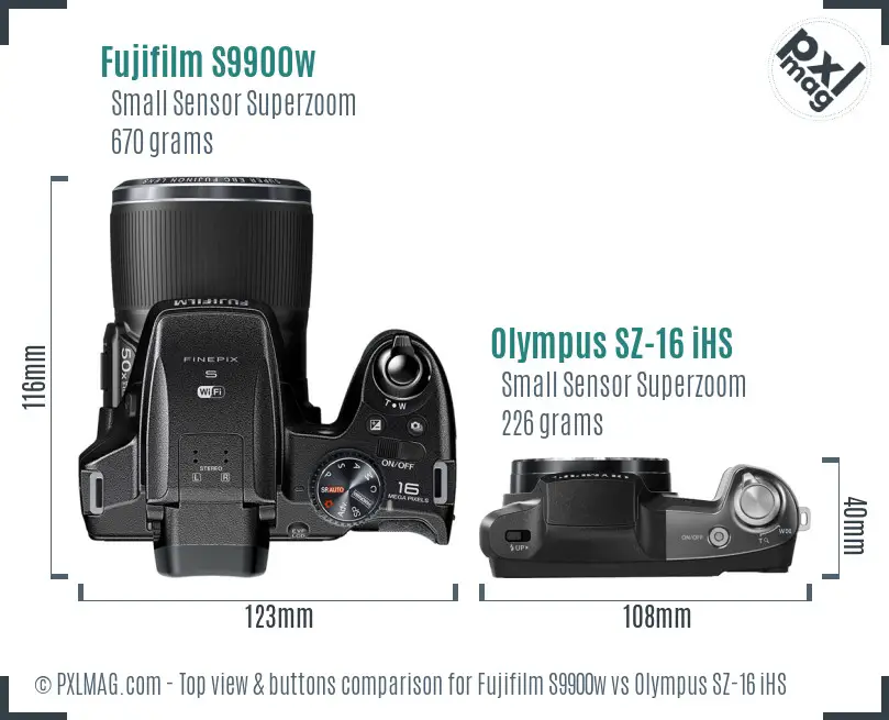 Fujifilm S9900w vs Olympus SZ-16 iHS top view buttons comparison