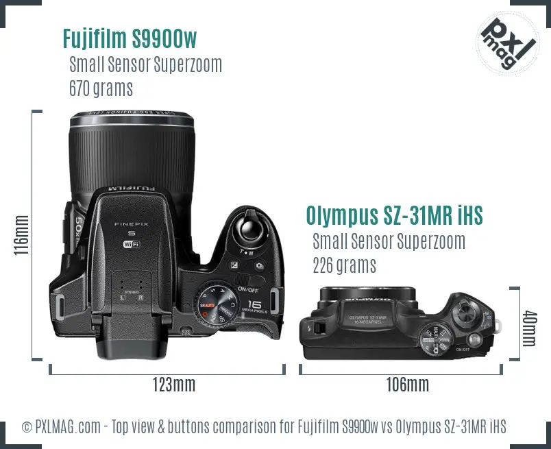 Fujifilm S9900w vs Olympus SZ-31MR iHS top view buttons comparison Fujifilm S9900w vs Olympus SZ-31MR iHS top view buttons comparison