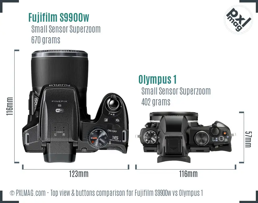 Fujifilm S9900w vs Olympus 1 top view buttons comparison