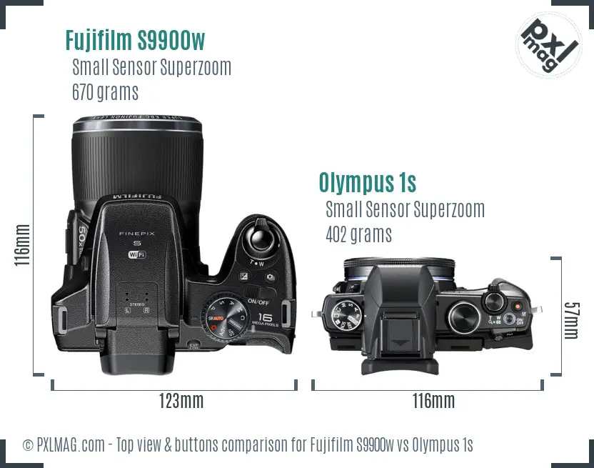Fujifilm S9900w vs Olympus 1s top view buttons comparison