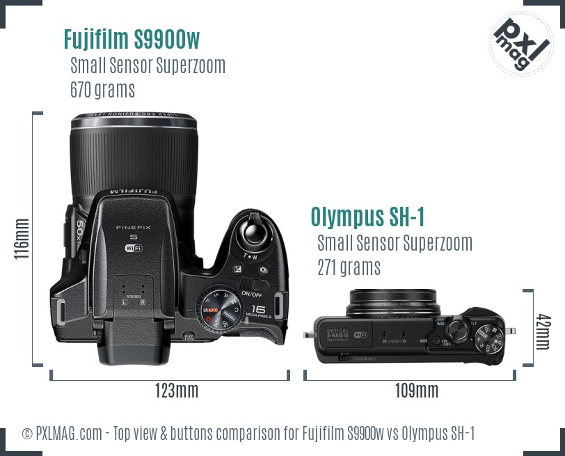 Fujifilm S9900w vs Olympus SH-1 top view buttons comparison