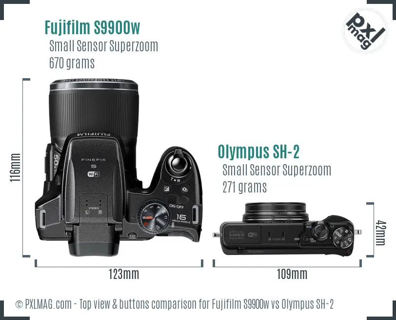 Fujifilm S9900w vs Olympus SH-2 top view buttons comparison Fujifilm S9900w vs Olympus SH-2 top view buttons comparison