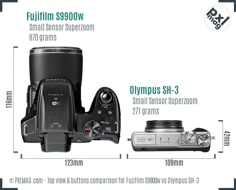 Fujifilm S9900w vs Olympus SH-3 top view buttons comparison