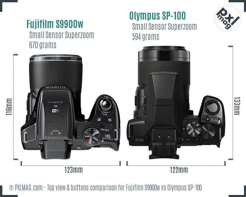 Fujifilm S9900w vs Olympus SP-100 top view buttons comparison