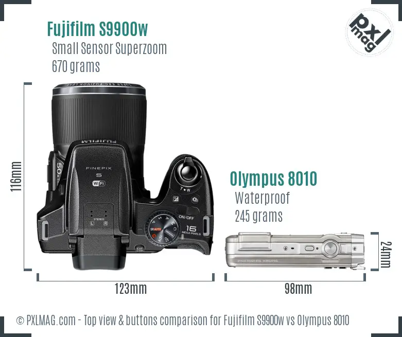 Fujifilm S9900w vs Olympus 8010 top view buttons comparison