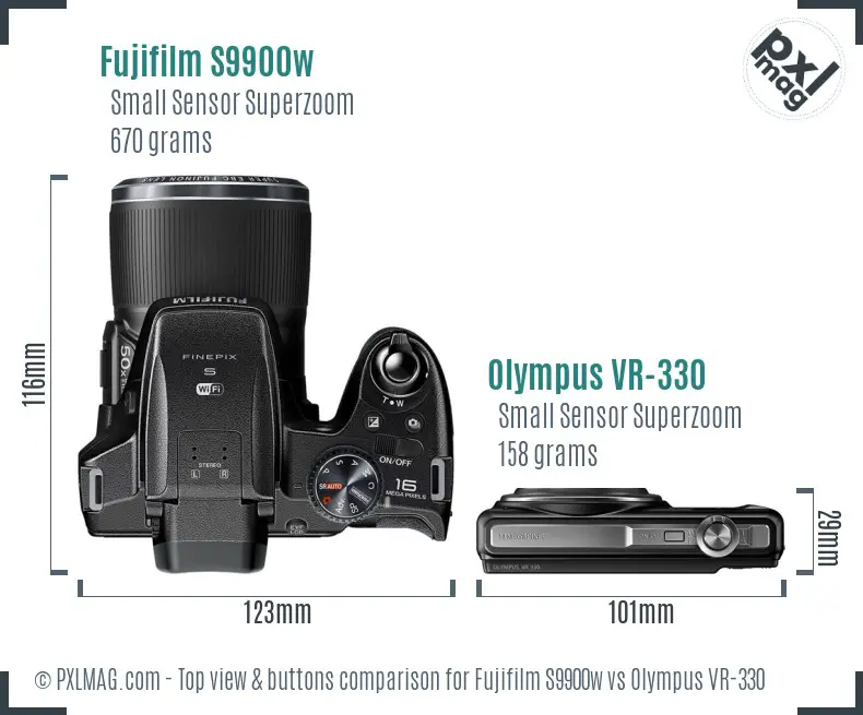 Fujifilm S9900w vs Olympus VR-330 top view buttons comparison Fujifilm S9900w vs Olympus VR-330 top view buttons comparison