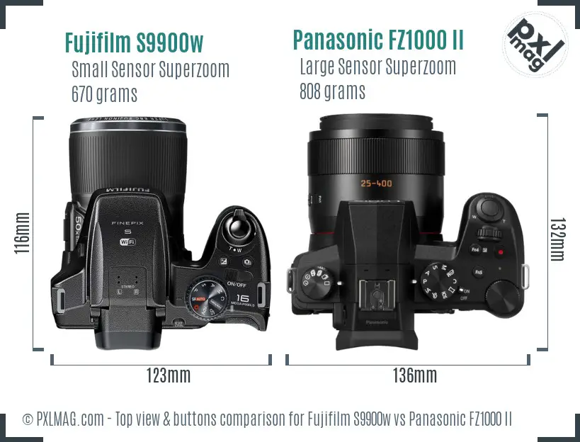 Fujifilm S9900w vs Panasonic FZ1000 II top view buttons comparison