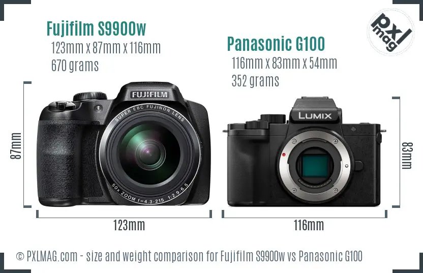 Fujifilm S9900w vs Panasonic G100 size comparison