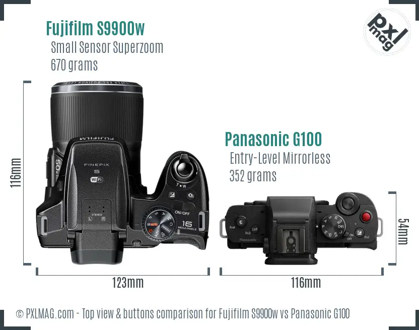 Fujifilm S9900w vs Panasonic G100 top view buttons comparison