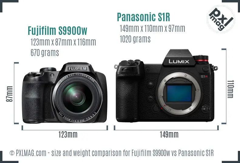 Fujifilm S9900w vs Panasonic S1R size comparison